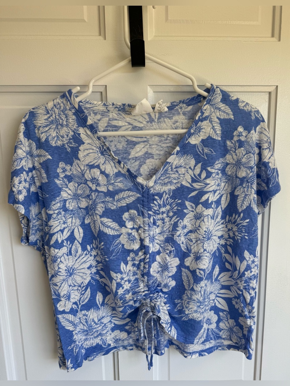 C&C California 100% Linen Floral Drawstring Top Blue White Size‎ L